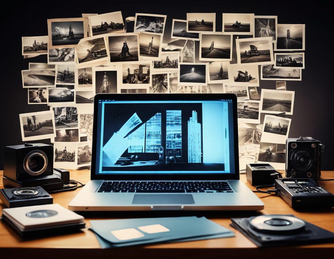 A collage of vintage photos being scanned on a sleek modern scanner, surrounded by digital tools like hard drives and cloud symbols. The scene should blend nostalgia with technology, featuring a warm lighting that casts soft shadows. In the background, a laptop displays a photo editing software, illustrating the digital preservation process. The composition should evoke a sense of transition from physical to digital, symbolizing preservation. super-realistic. vibrant colors. soft focus.