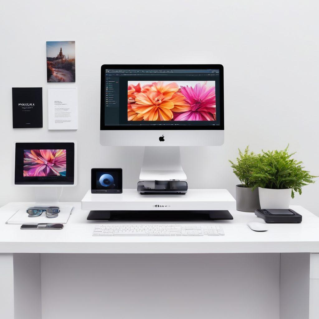 A visually striking setup showcasing a modern scanning station with high-tech equipment, including a sleek scanner, vibrant displays showing stunning scanned images, and a creative workspace filled with photography materials. Incorporate elements of technology trends like wireless connectivity and digital tools, surrounding the setup with a stylish, minimalist background. super-realistic. vibrant colors. white background.