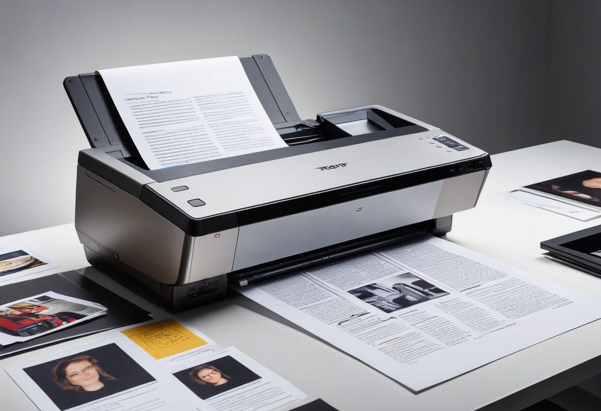 A detailed close-up of a professional scanner in action, capturing high-resolution images of vibrant documents and photos. The surrounding environment features soft lighting and organized photography equipment, symbolizing a creative workspace. Include visual elements like diverse documents, a digital screen displaying image previews, and a reflective surface. The overall mood should be one of precision and creativity. super-realistic. vibrant colors. soft focus.